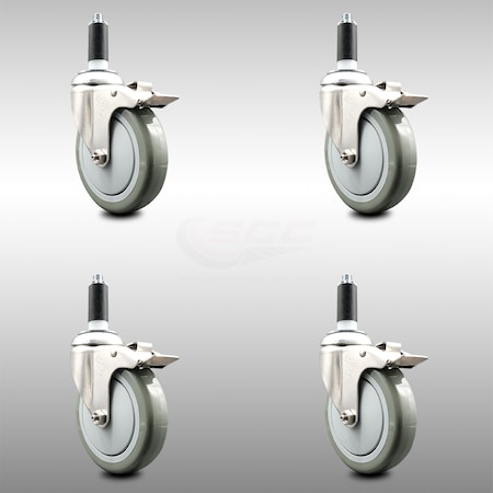 Service Caster 5 Inch 316SS Gray Poly Swivel 1-1/8 Inch Expanding Stem Caster Set Lock Brake SCC-SS316TTLEX20S514-PPUB-118-4